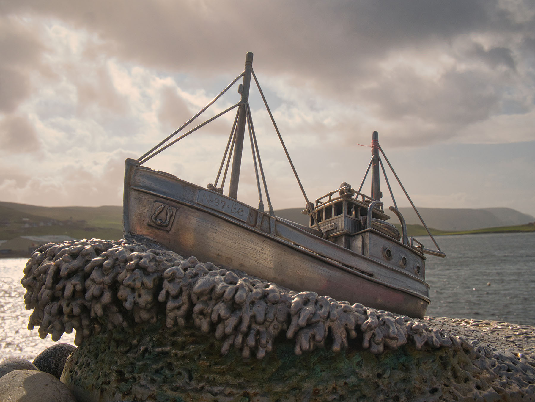 The Shetland Bus Memorial in Scalloway depicting the M/K Andholmen<